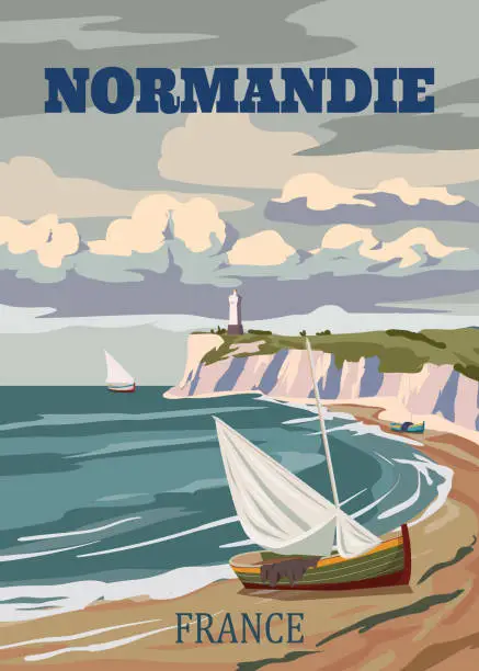 Vector illustration of Travel poster Normandy France sailboat, lighthouse, vintage seascape rock cliff