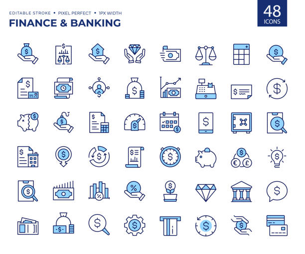 ilustraciones, imágenes clip art, dibujos animados e iconos de stock de iconos de línea de color de finanzas y banca. - bill bank statement calculator banking document