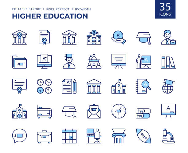 ilustraciones, imágenes clip art, dibujos animados e iconos de stock de iconos de línea de color de educación superior. - universidad