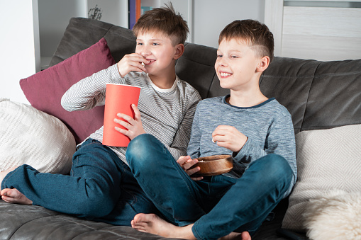 Smiling school aged boys sit on sofa, eat popcorn and watch comic TV show. Happy children relaxing at home. Kids having fun in domestic room at daytime together. Best friends lifestyle.