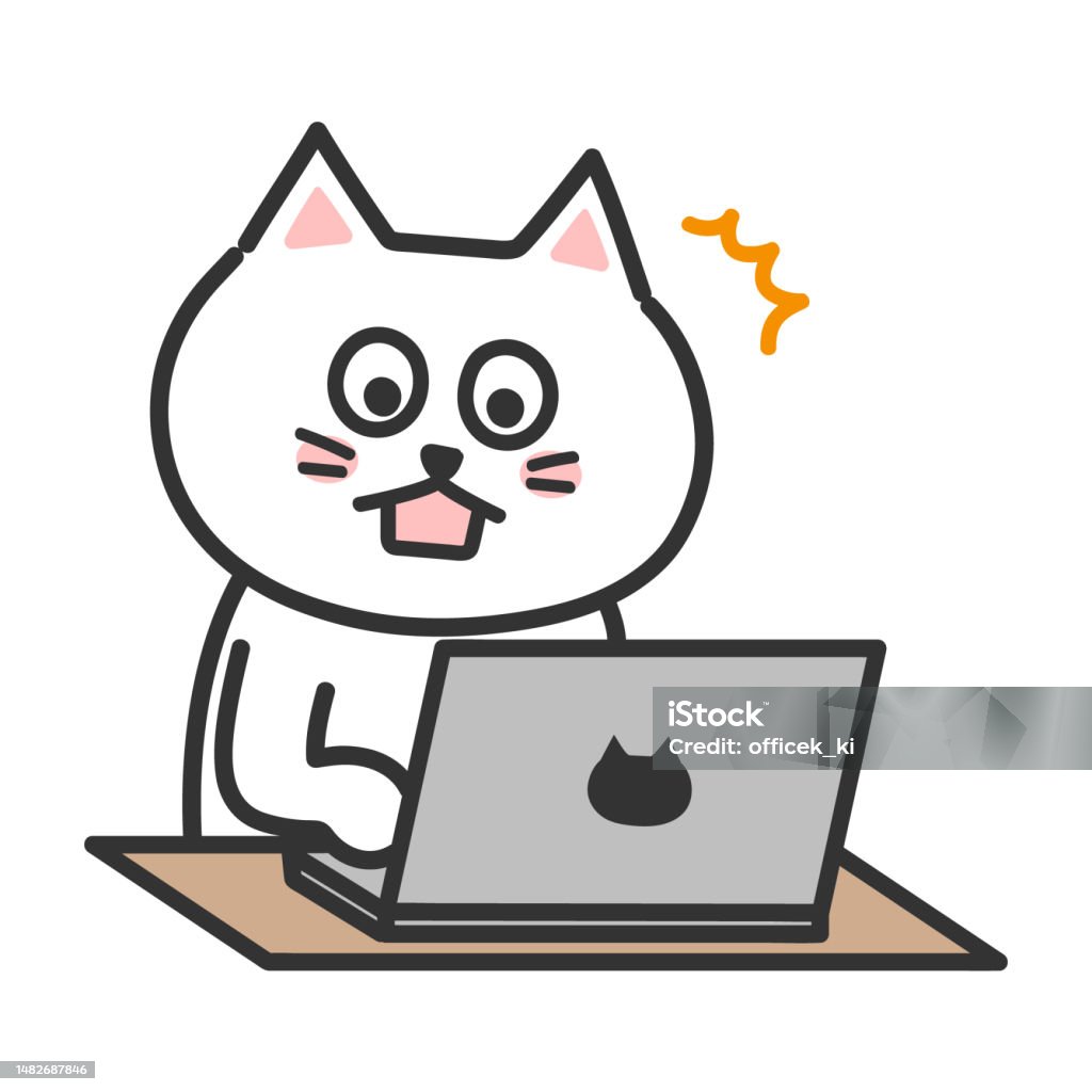 Cat Raging At Computer Cartoon White Cat Shocking At Something While Using A Computer Stock ...
