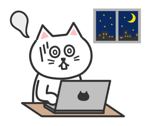 ilustraciones, imágenes clip art, dibujos animados e iconos de stock de gato blanco de dibujos animados cansándose tanto mientras usa una computadora - animal cute exhaustion technology