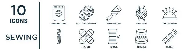 Vector illustration of sewing outline icon set includes thin line washing hine, lint roller, pin cushion, patch, thimble, ruler, icons for report, presentation, diagram, web design