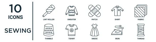 Vector illustration of sewing outline icon set includes thin line lint roller, patch, fabric, tshirt, iron, thread, thimble icons for report, presentation, diagram, web design