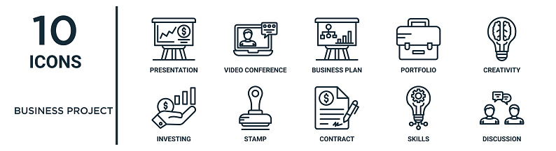 business project outline icon set includes thin line presentation, business plan, creativity, stamp, skills, discussion, investing icons for report, presentation, diagram, web design