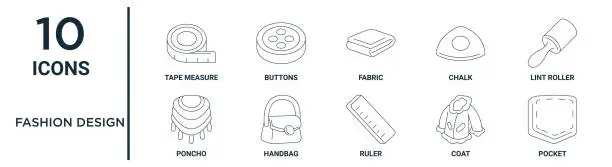 Vector illustration of fashion design outline icon set includes thin line tape measure, fabric, lint roller, handbag, coat, pocket, poncho icons for report, presentation, diagram, web design