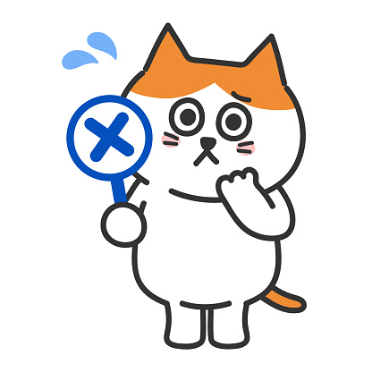 Orange tabby cartoon cat holding an incorrect flag in trouble, vector illustration.