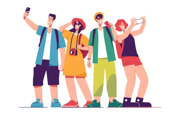 Vector illustration of Vector illustration of a group of happy friends tourists travelers taking selfie portrait
