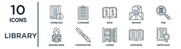 library outline icon set includes thin line download, book, find, fountain pen, open book, certificate, reading book icons for report, presentation, diagram, web design library outline icon set includes thin line download, book, find, fountain pen, open book, certificate, reading book icons for report, presentation, diagram, web design teared stock illustrations