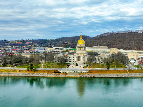 An aerial view of the West Virginia State Capitol complex located in the heart of Charleston, WV.