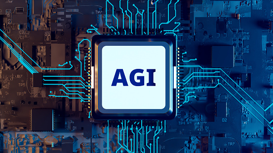 Strong Artificial Intelligence AGI motherboard and CPU background, 3D rendering