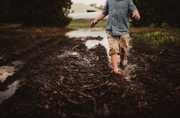 istock Little boy walking through muddy puddles 1482702285