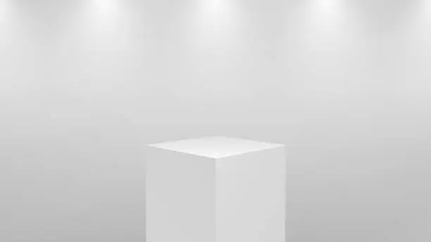 Vector illustration of Realistic 3d red podium for product display. Square pedestal or platform in studio lighting on a gray background.