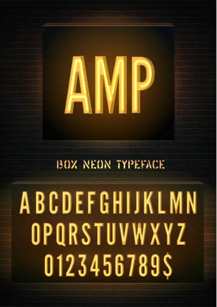 Vector illustration of AMP sign and orange neon box font with numbers on vector dark brick wall background. Night light alphabet glow effect