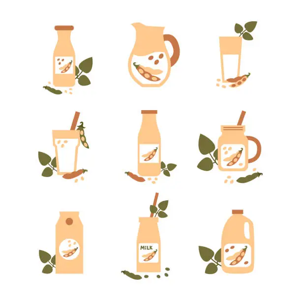 Vector illustration of Soy milk in bottles, glass, jars with pad and leaves illustration set. Plant based vegan drink concept. Dairy free and non lactose beverage. Vector flat illustration.