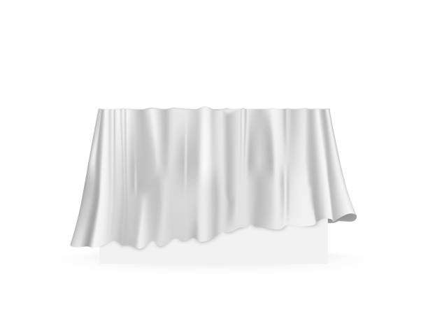 istock White cloth drapery covering rectangle table. Silk fabric hanging on gift for surprise reveal vector illustration. Hidden secret under veil decoration. Mysterious presentation event 1482704246
