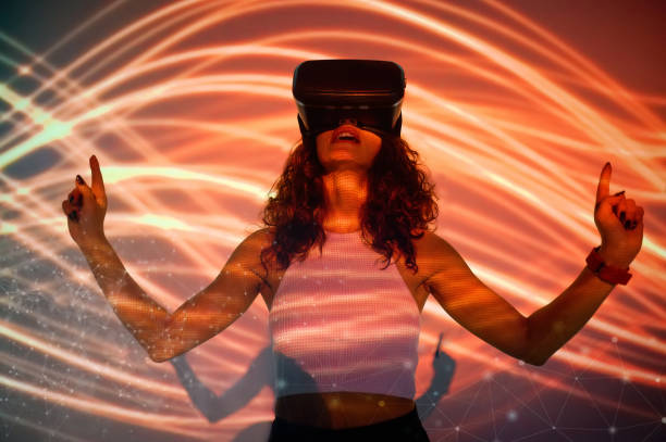 istock Long-haired woman in vr viewer on abstract bright background 1482704521