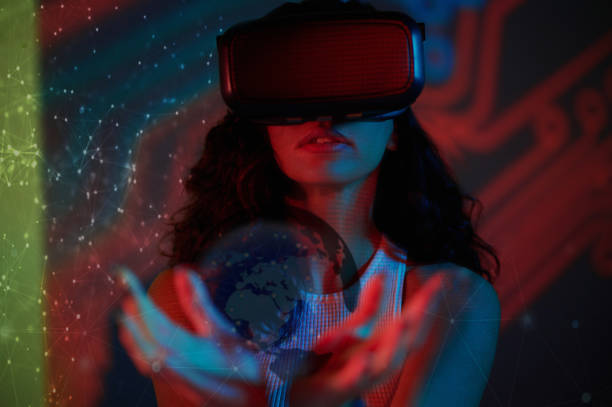 istock Young woman in virual reality viewer on abstract background 1482704572
