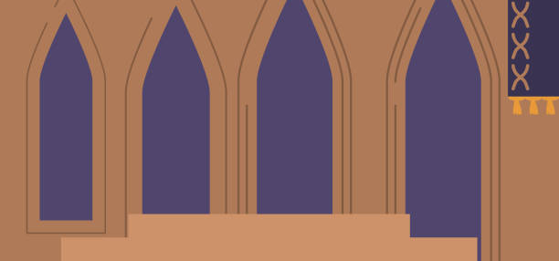 die leere mittelalterliche palasthalle mit bögen zeigt einen verlassenen raum mit großartiger architektur und unterstreicht den ruhm - domestic room palace chandelier nobility stock-grafiken, -clipart, -cartoons und -symbole