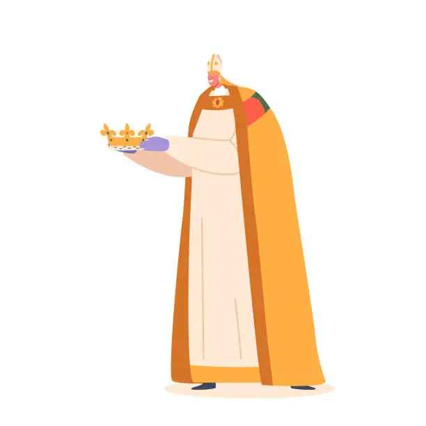 Vector illustration of Bishop Donning His Official Attire Hold Crown In Hands During Coronation Ceremony, Symbolizing Sovereignty