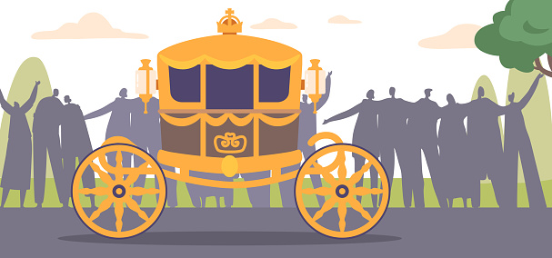 Procession Of Monarch Carriage Elegantly Moves Through The Busy Street, Drawing The Attention Of Onlookers. Royal Historical Tradition. Cartoon People Vector Illustration