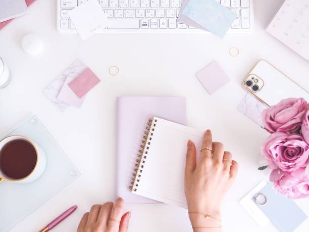 istock Feminine PC desk, workspace, female hands 1482706390