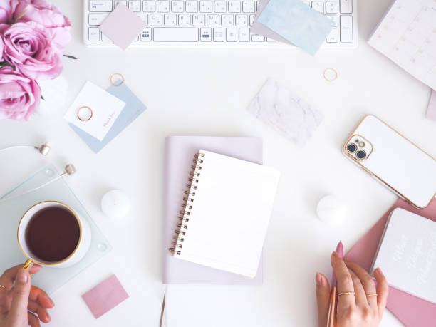 istock Feminine PC desk, workspace, female hands 1482706397