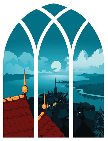 vector illustration. Landscape and Town View from window view.