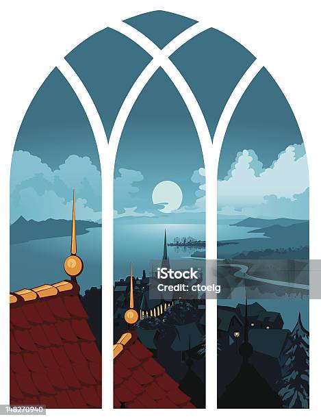 Landscape Town Window View Stock Illustration - Download Image Now - Window, Church, Castle