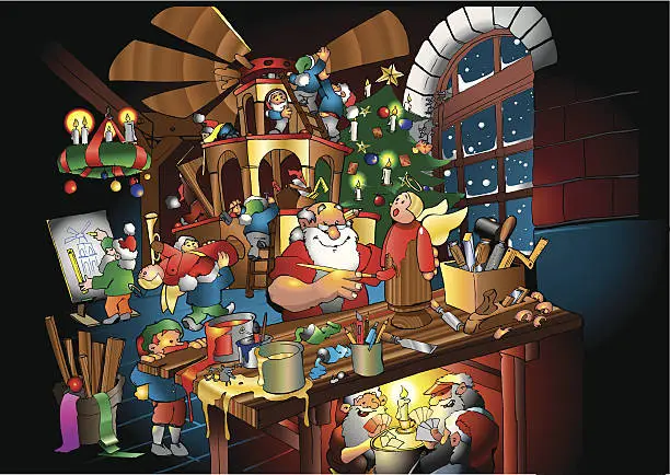 Vector illustration of Santa Claus Working in Shop with Elves