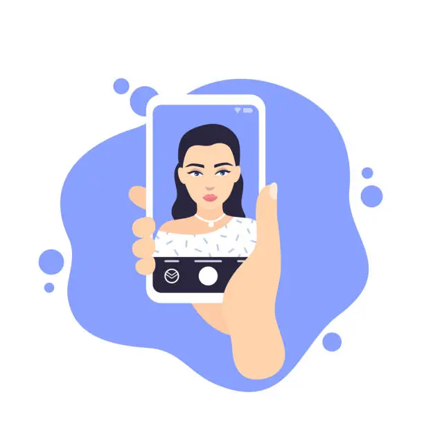 Vector illustration of girl making selfie, phone in hand, vector illustration