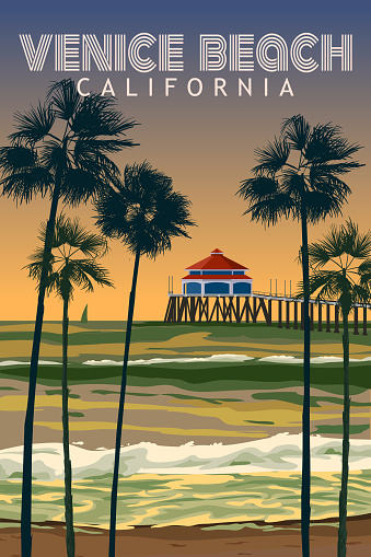 Retro California Venice Beach travel poster, Venice Pier Beach, palms, ocean surf. Vector illustration vintage card
