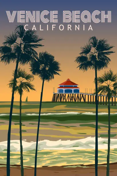 Vector illustration of Retro California Venice Beach travel poster vector