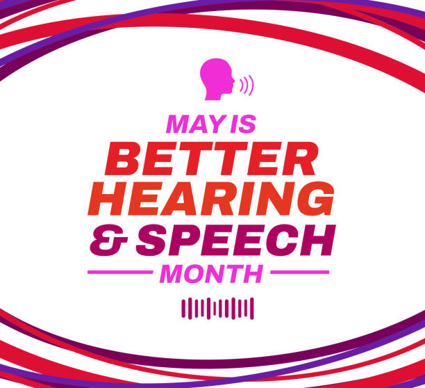 5월은 더 나은 청력 및 말하기의 달, 타이포그래피와 모양이 있는 벽지 디자인입니다. 청각 및 언어 배경의 달 - stutter stock illustrations