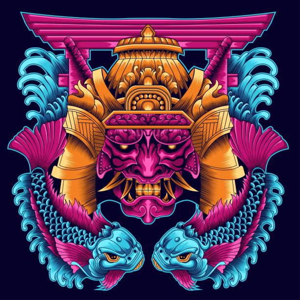 istock oni mask with koi fish and tori gate vector illustration in detailed style 1482716220