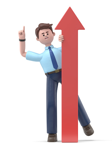 3D Illustration of smiling Asian man Felix holding arrow going up, growth, success and achievement concept.business man push hand up and upward arrow ,success business concept.