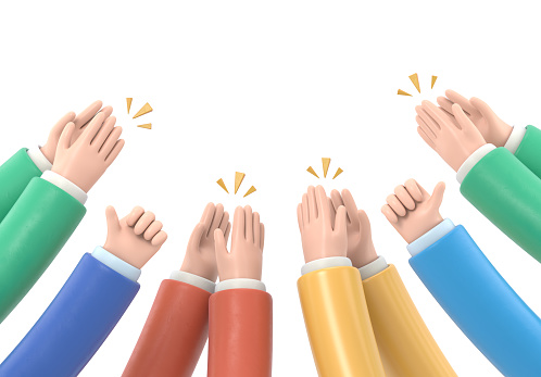 Maqueta de iconos de gestos de dibujos animados.Manos humanas aplaudiendo. Aplaudir las manos. Renderizado 3D sobre fondo blanco. photo