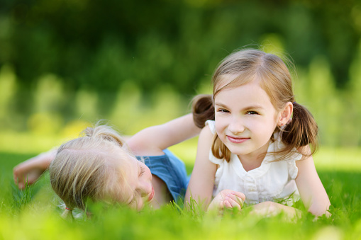 Two cute little sisters having fun together on the grass on a sunny summer day