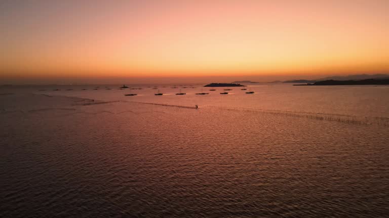 Tidal flats before dawn and fishing boats moored at sea