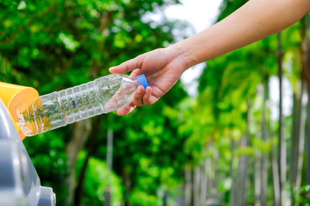 istock Please throw plastic bottles in the bin. Man littering the bins by separating waste for disposal such as recyclable plastic waste. environmental concept 1482726901