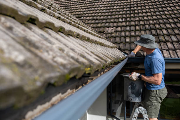 istock Man on ladder cleaning house gutter from leaves and dirt 1482729738