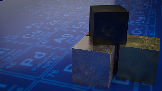 The Metal cube on periodic table for education or sci concept 3d rendering