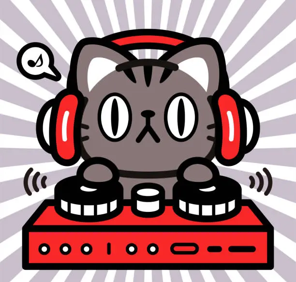 Vector illustration of Cute character design of a little cat wearing headphones and playing on turntables