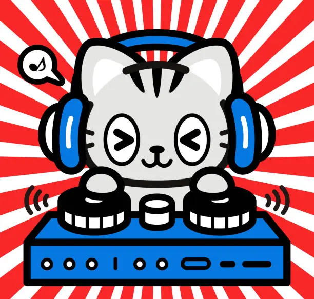 Vector illustration of Cute character design of a little cat wearing headphones and playing on turntables