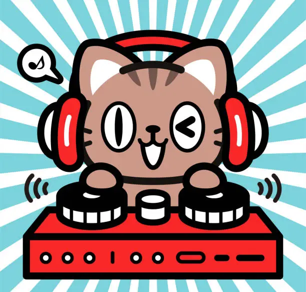 Vector illustration of Cute character design of a little cat wearing headphones and playing on turntables