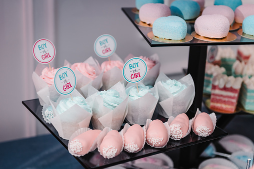 Cupcakes with blue and pink cream.  Girl or boy. Table with sweets for gender party. Baby Shower party decor. Delicious reception. Celebration concept. Trendy candy bar. Table with candies, dessert.