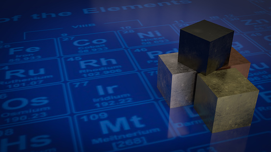 Metal cube on periodic table for education or sci concept 3d rendering