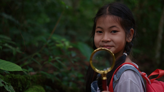 Children girl holding a magnifying glass in the forest. Knowledge outside the classroom, Exploration, Learning about Nature, Student, Weekend Activities, Hiking, Leisure Activity, Active Lifestyle. Asian 8-year-old. Video Still
