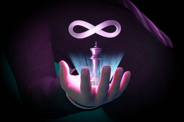 istock Business man Hand touch metaverse infinite loop and king chess. 1482730981