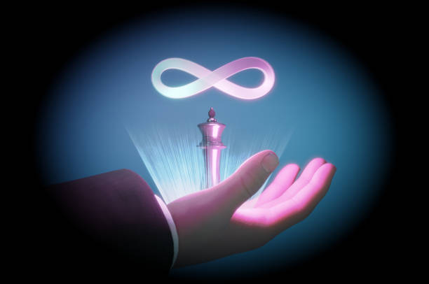 istock Business man Hand touch metaverse infinite loop and king chess. 1482730985
